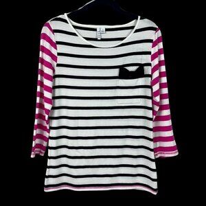 Elle Pullover T Shirt Womens Small Black Pink Stripe Stretch Bow